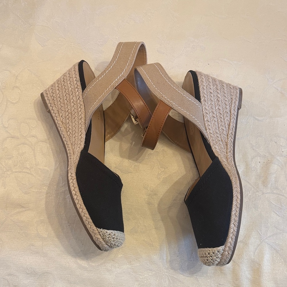 Tommy Hilfiger Black and Tan Wedge Espadrille Sandals - Picture 6 of 9